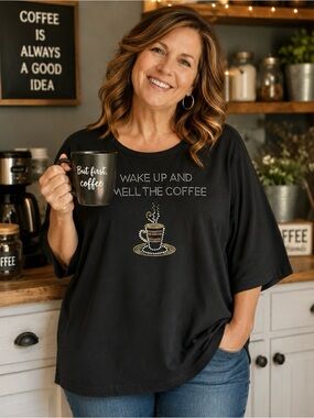 Wake Up and Smell the Coffee Black Tee Shirt 3/4 Sleeve by Isle Women’s Sz XL